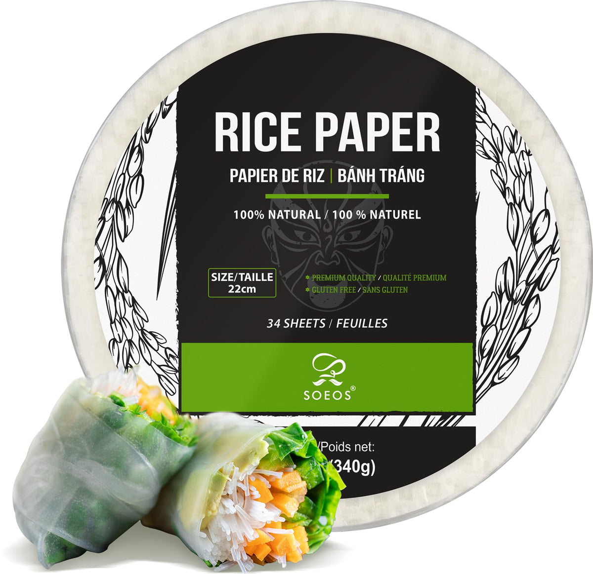 Soeos Rice Paper, 1 Pack, 34 Sheets, Round, 22cm