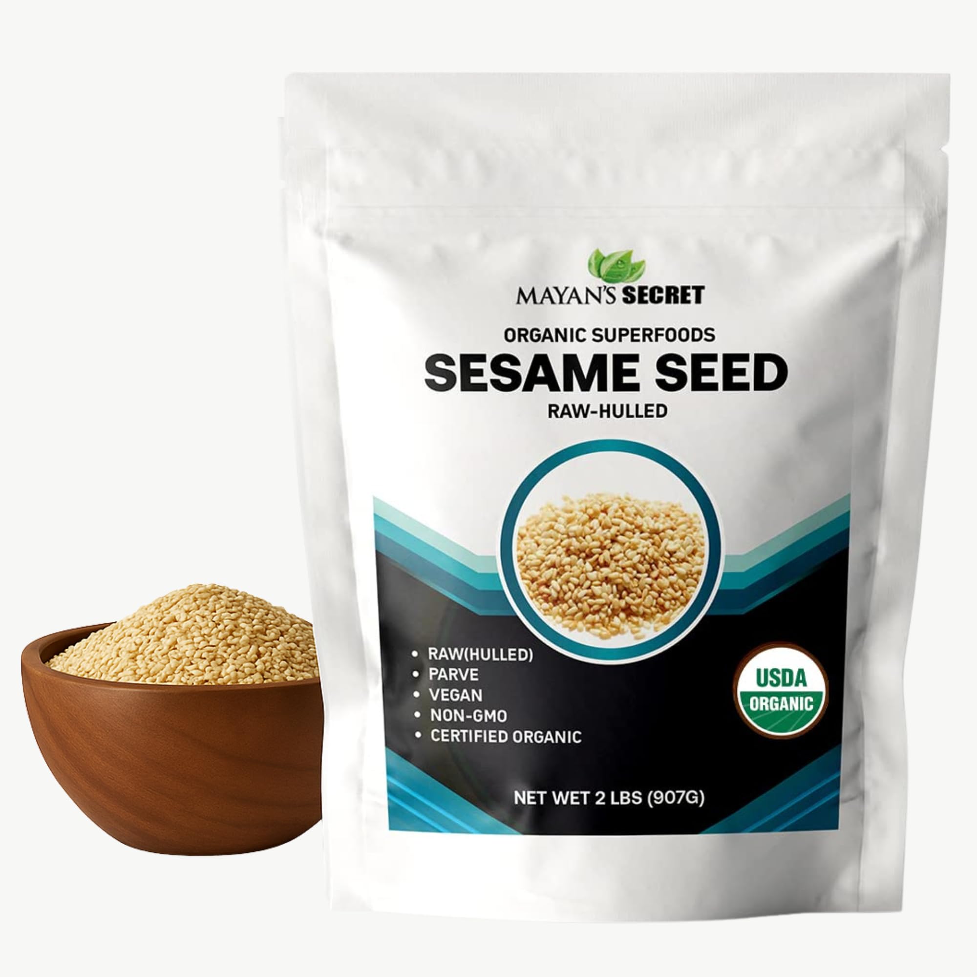 Mayan's Secret Certified Organic hulled Sesame Seeds, 2 Lbs - Gluten Free, Raw, Keto Friendly