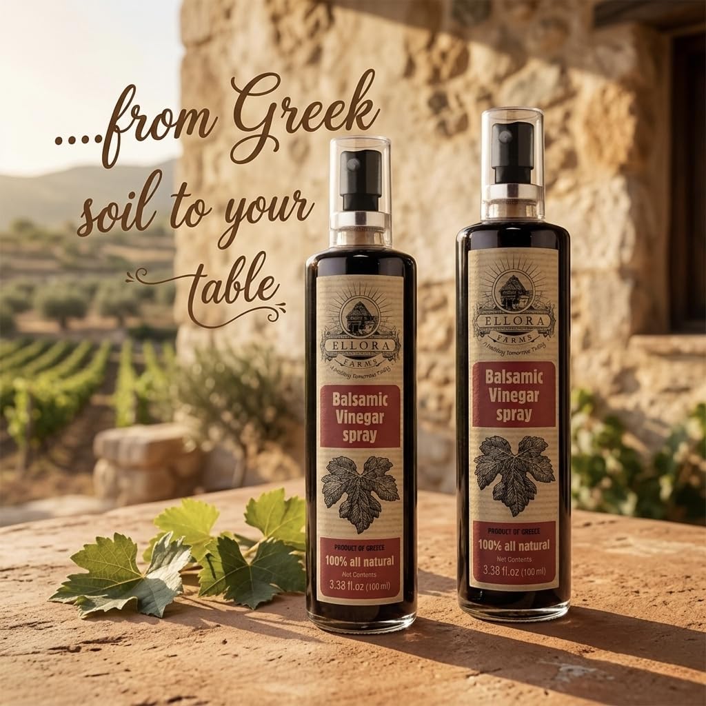 Ellora Farms, Balsamic Vinegar in glass spray bottle, Clog-free, Single Origin Greece, all-natural, 3.38 oz, Pack of 2