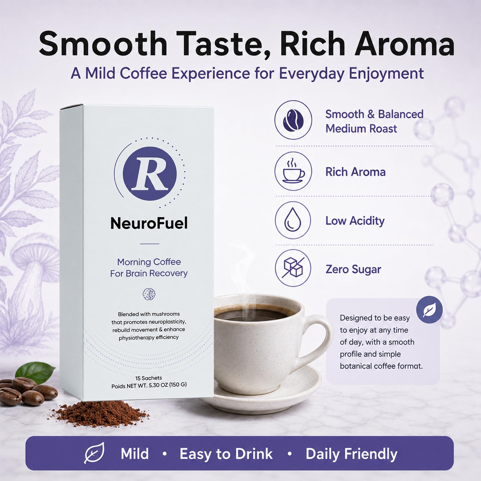 Restural Neurofuel Coffee, with Botanical Ingredients, Lion Mane, Reishi Extract, Mushroom, Smooth & Balanced Medium Roast, Energy Boost, Immune