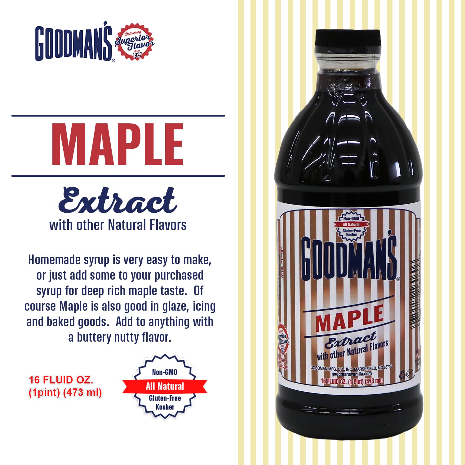 Goodman's Natural Maple Extract - Gluten-Free, Non-GMO, Kosher, Low Carb & Low Calorie, Low Alcohol, No Artificial Color, No Animal Products, No Sugar
