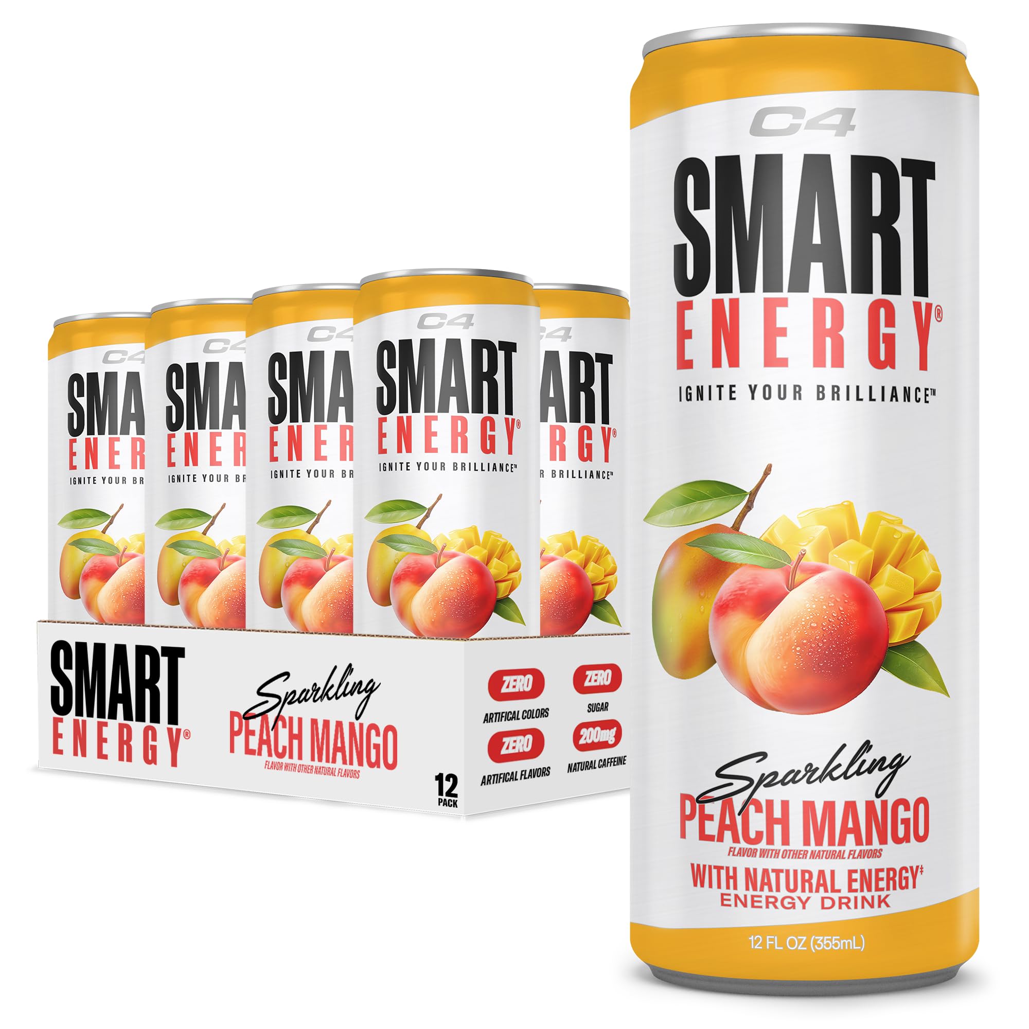 Cellucor C4 Smart Energy Drink ‚ Boost Focus and Energy with Zero Sugar, Natural Energy, and Nootropics - 200mg Caffeine - Peach Mango (12oz Pack