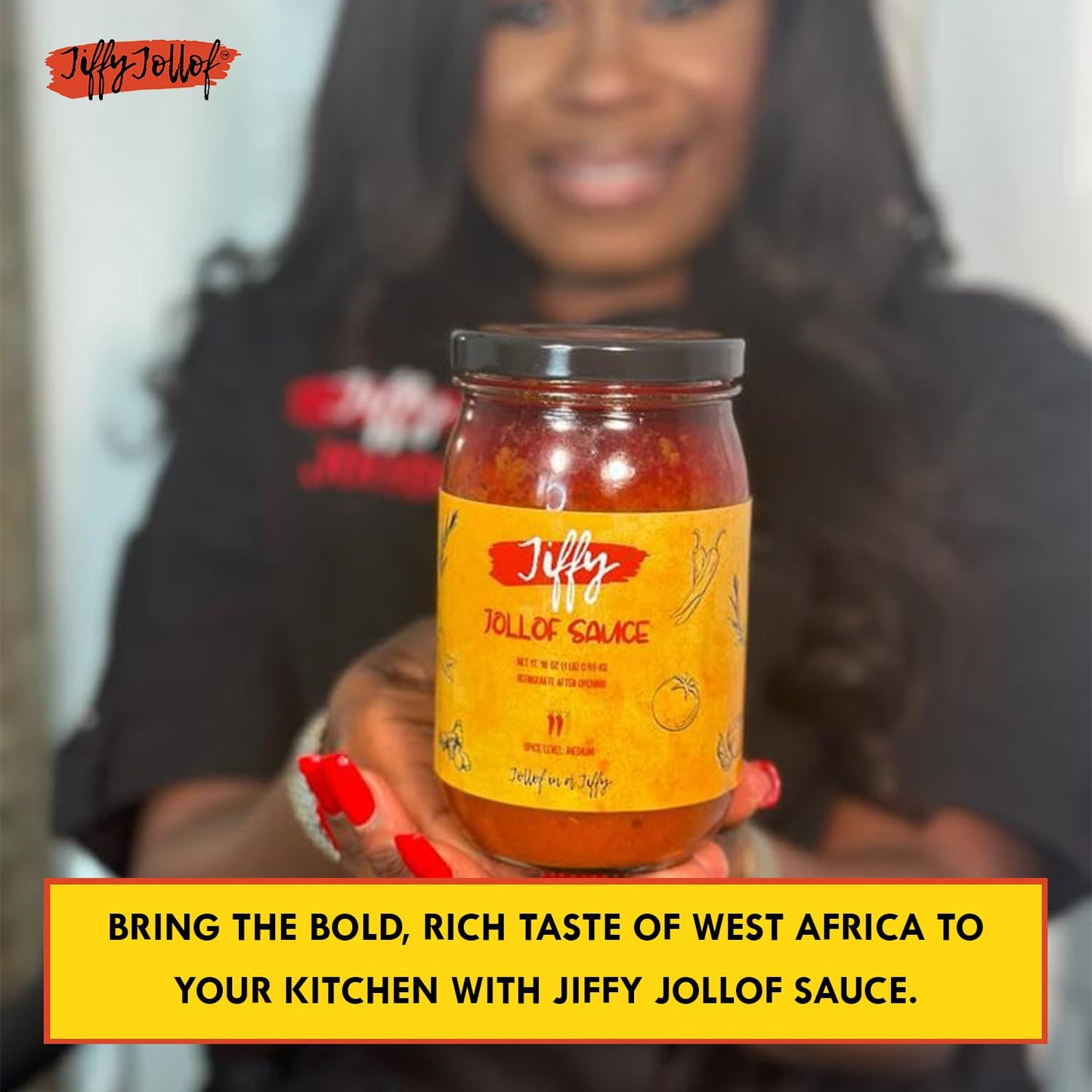 Jiffy Jollof Sauce, Authentic Nigerian Tomato Pepper Blend for One-Pot Meals, Spicy Pasta, Roasted Bell Pepper Stew, Hot Cooking Sauce, 16oz Food Jar