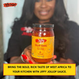Jiffy Jollof Sauce, Authentic Nigerian Tomato Pepper Blend for One-Pot Meals, Spicy Pasta, Roasted Bell Pepper Stew, Hot Cooking Sauce, 16oz Food Jar