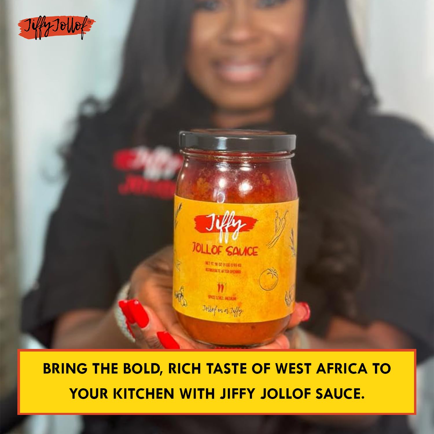 Jiffy Jollof Sauce, Authentic Nigerian Tomato Pepper Blend for One-Pot Meals, Spicy Pasta, Roasted Bell Pepper Stew, Hot Cooking Sauce, 16oz Food Jar