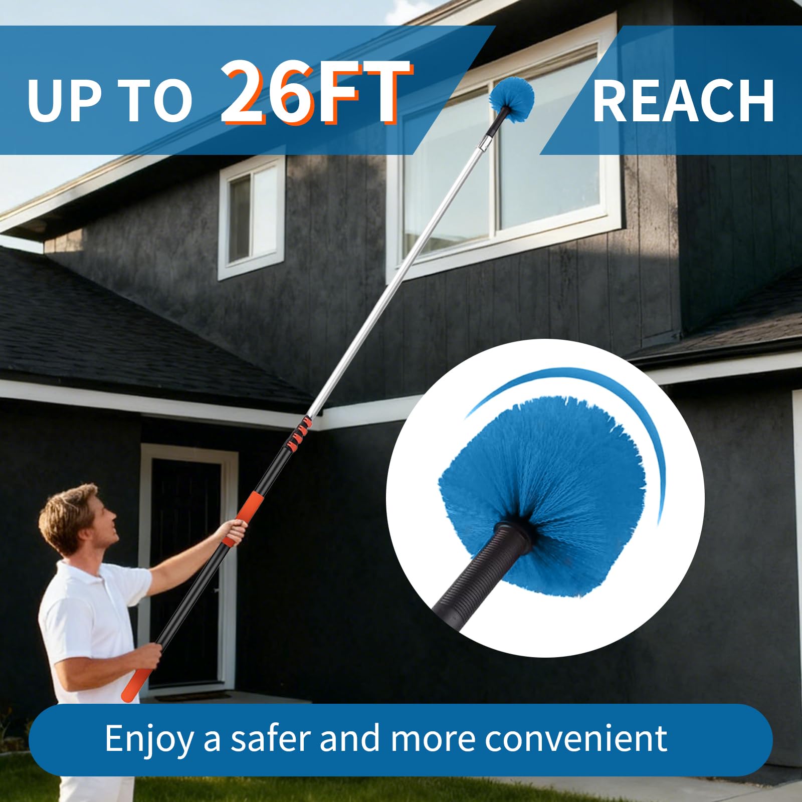 Cobweb Duster with Extension Pole, Dense Soft Bristles & Efficient Dust Removal, High Reach Cleaning 5-20FT Adjustable to 26FT, Indoor Outdoor