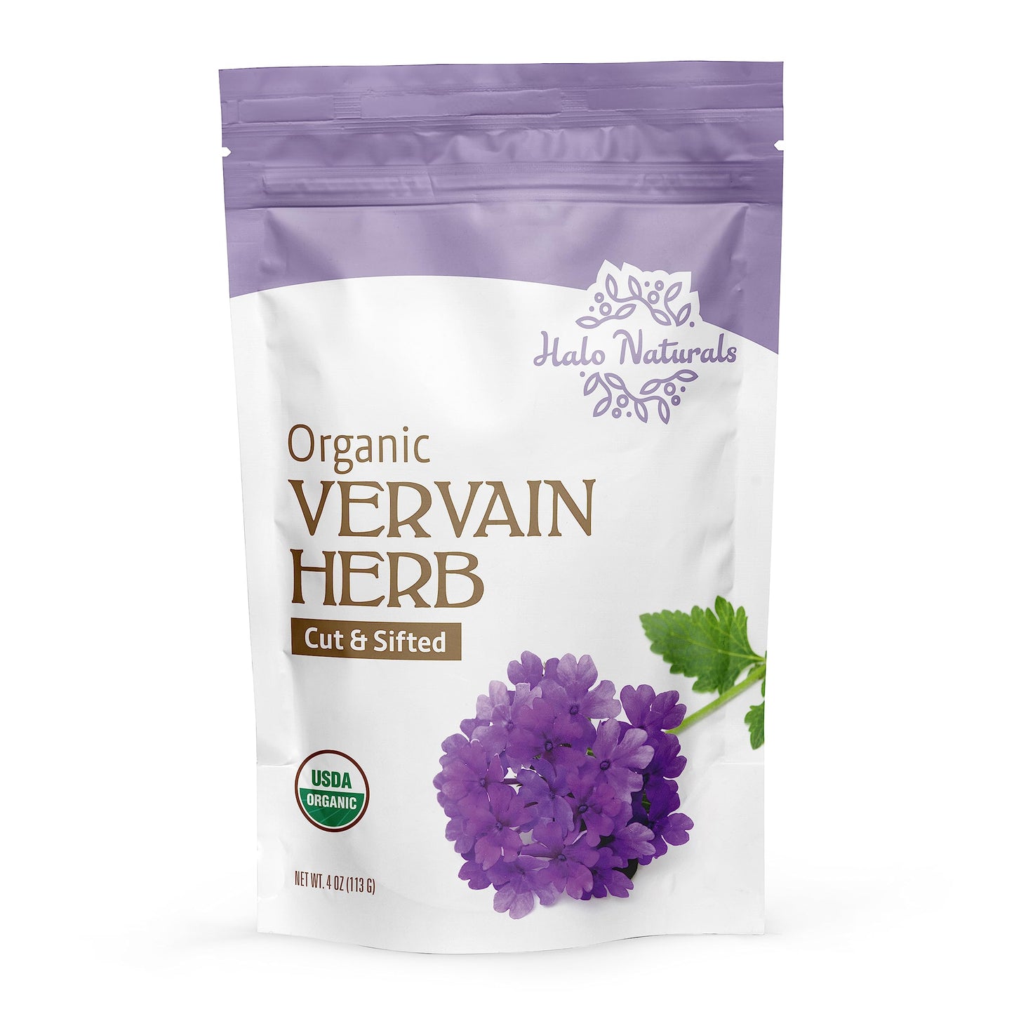 Halo Naturals Organic Vervain Herb Cut & Sifted, 4 Ounces (Verbena officinalis) USDA Certified | Resealable Pouch| Packaged in The USA (Pack of 1)
