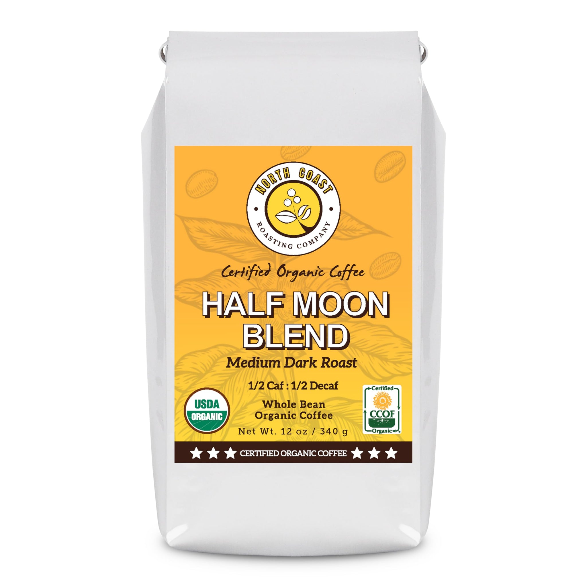 North Coast Roasting Company, Half Caff, Medium Dark Roast, Low Acid Organic Coffee, Whole Bean - 1/2 Cafeine & 1/2 Decaf. Swiss Water Process, Half