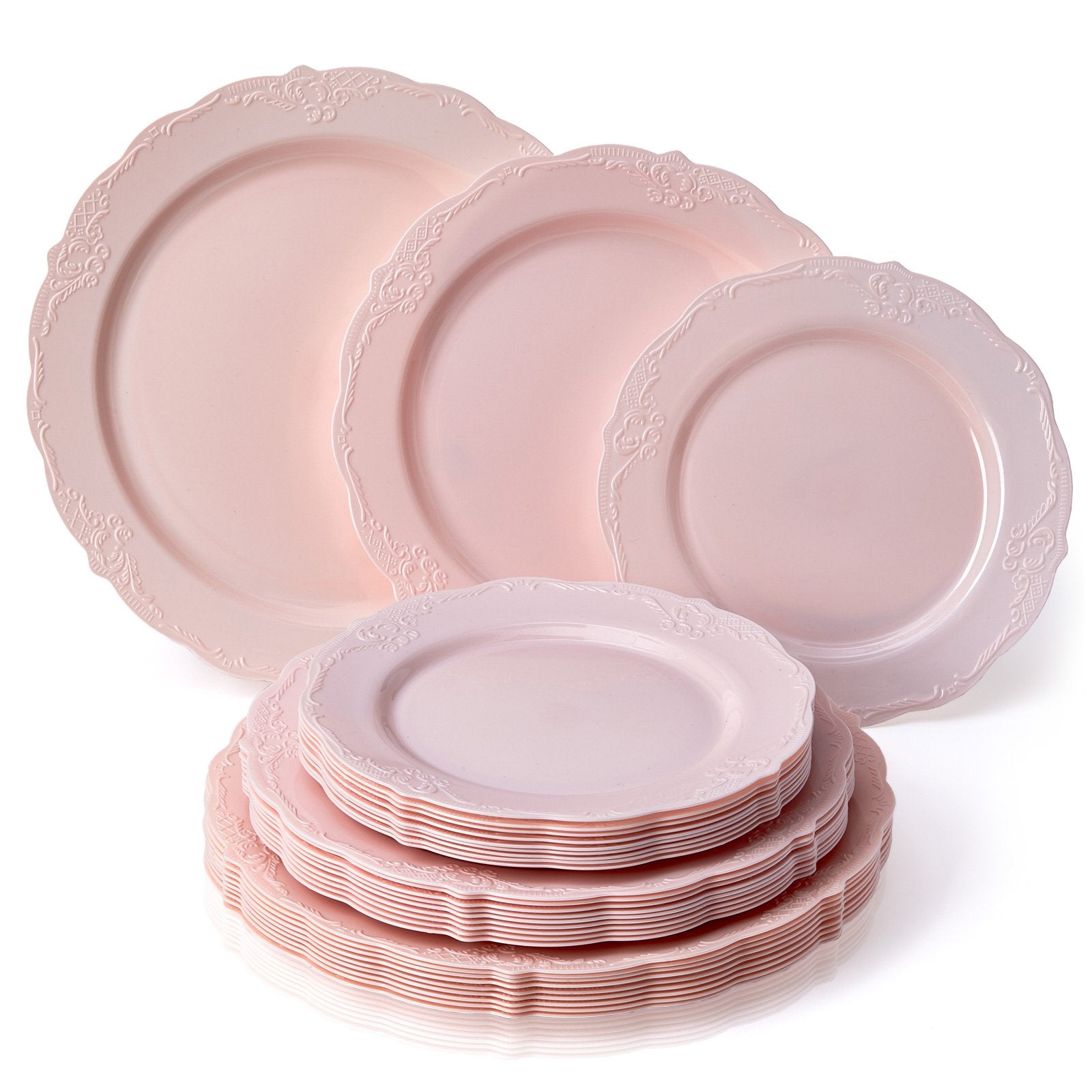 Vintage Collection Set of Blush Dinner, Salad & Dessert Plates - High Quality Embossed Rim Design Disposable Dinnerware - Great for Formal Dinners