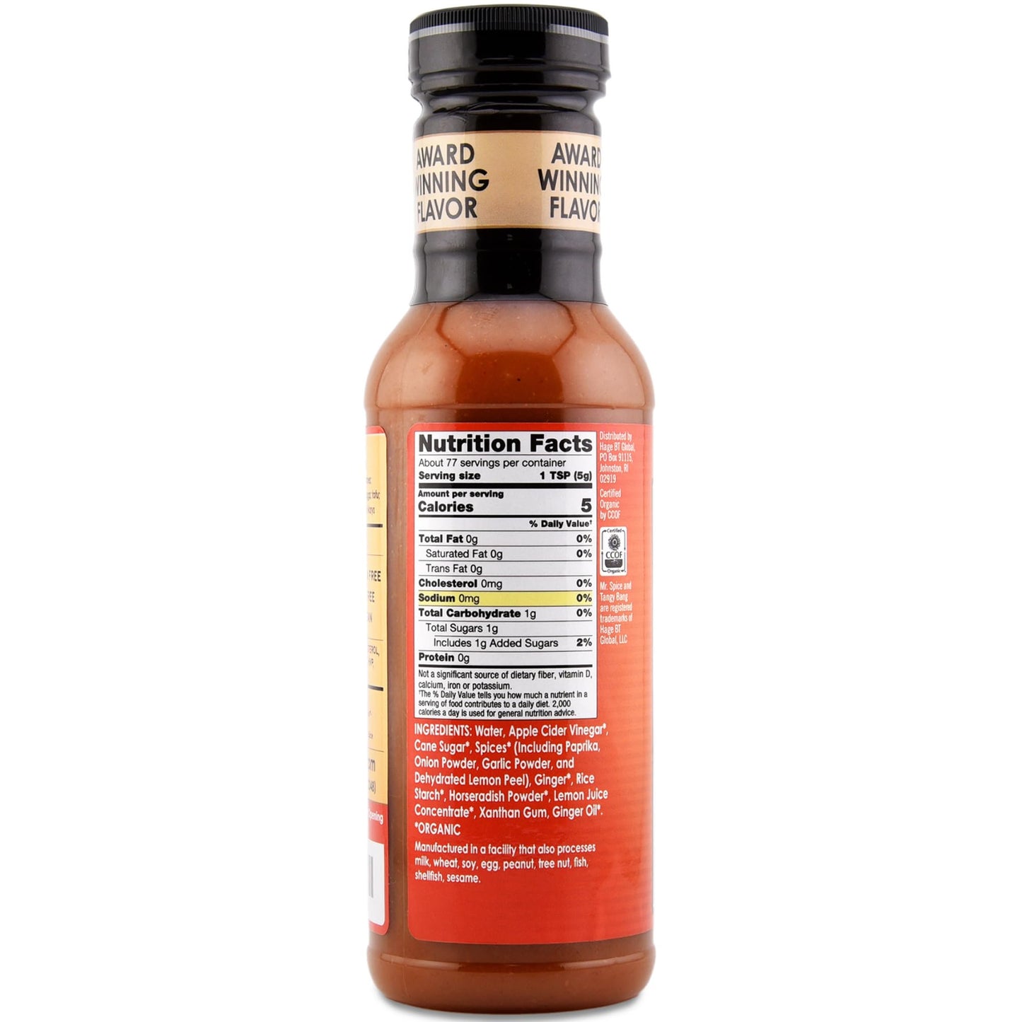 Mr. Spice Organic Hot Sauce, Salt Free Tangy Bang Hot Sauce (0mg/serving), Gluten Free, Low Sodium Sauces for Marinade, Grill & Air Fryer, No Salt