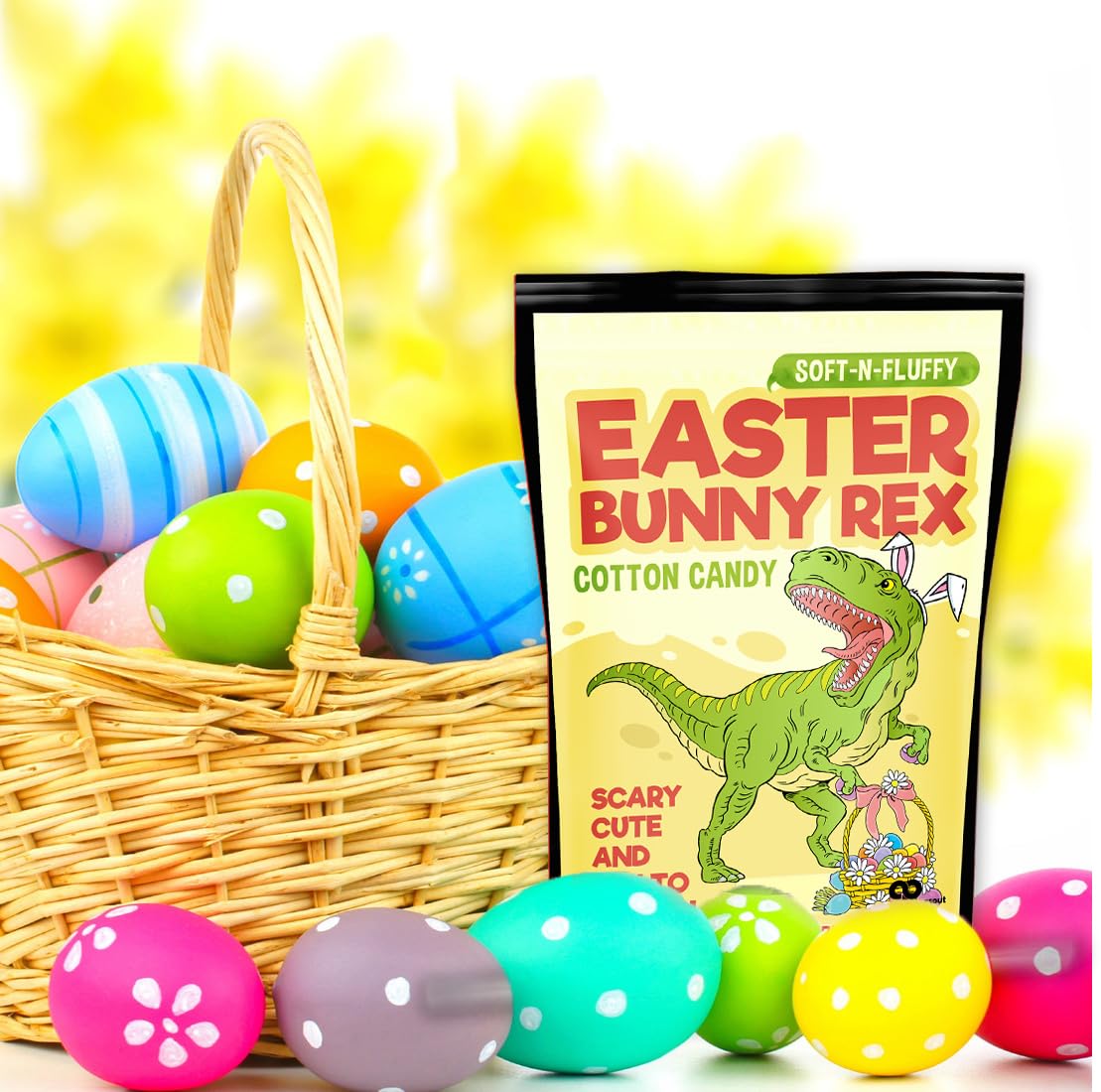Easter Bunny Rex Cotton Candy - Funny T-Rex Easter Basket Idea for Boys and Girls Blue Gluten-Free Made in the USA Gears Out