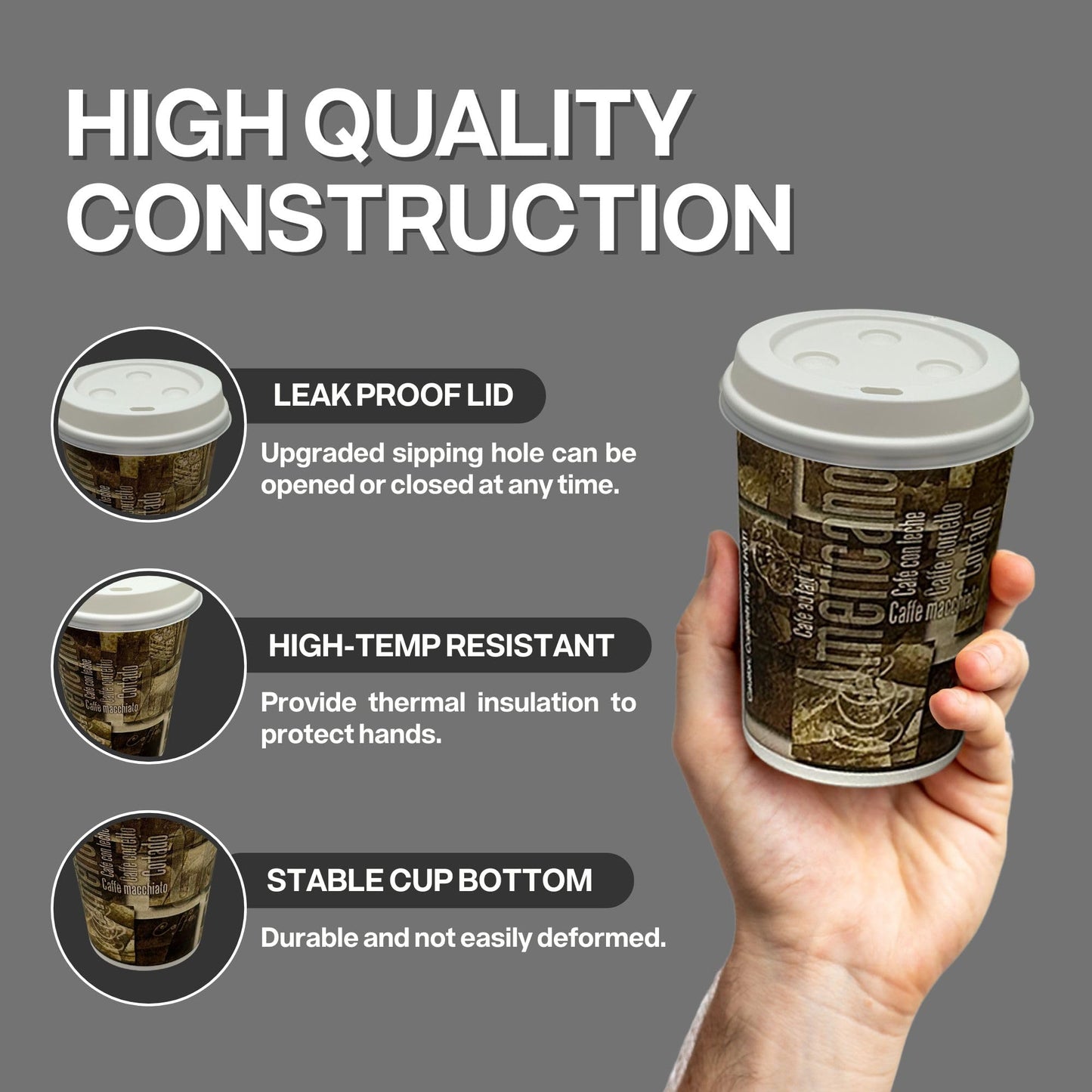 Disposable Cups Bundle by Rsr To-Go. 16 Oz-100ct Paper Coffee Cups with Lids PLUS Stirrers - Eco-Friendly Disposable Cups, Leak-Proof Design for Hot