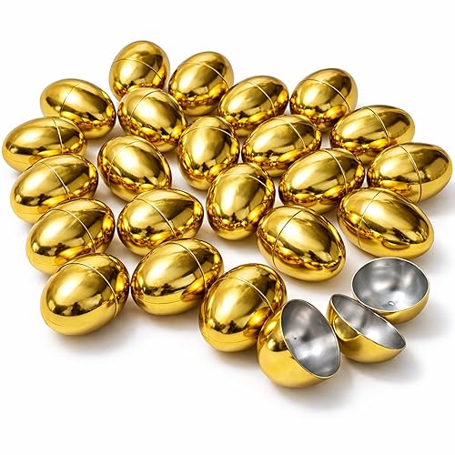 GiftExpress Gold Easter Eggs - 50 Piece Bulk 2.3" x 1.75" Golden Metallic Plastic Eggs Hinged - Adult & Kid Party Toys for Gift Easter Baskets or Egg