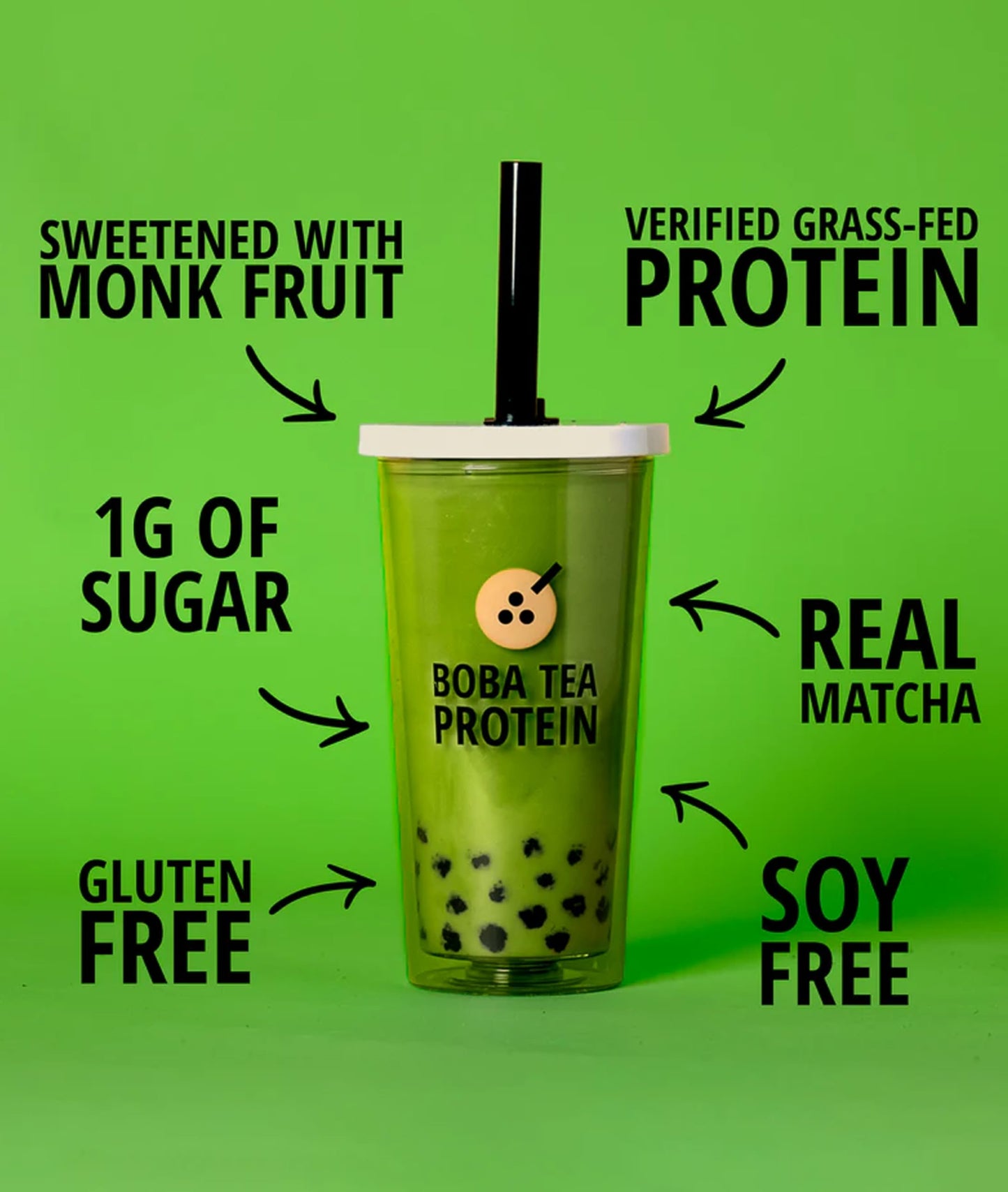 Boba Tea Protein Matcha Latte | 25g Grass-Fed Whey Protein Isolate Powder | Gluten-Free & Soy-Free Bubble Tea Protein Drink | Real Ingredients