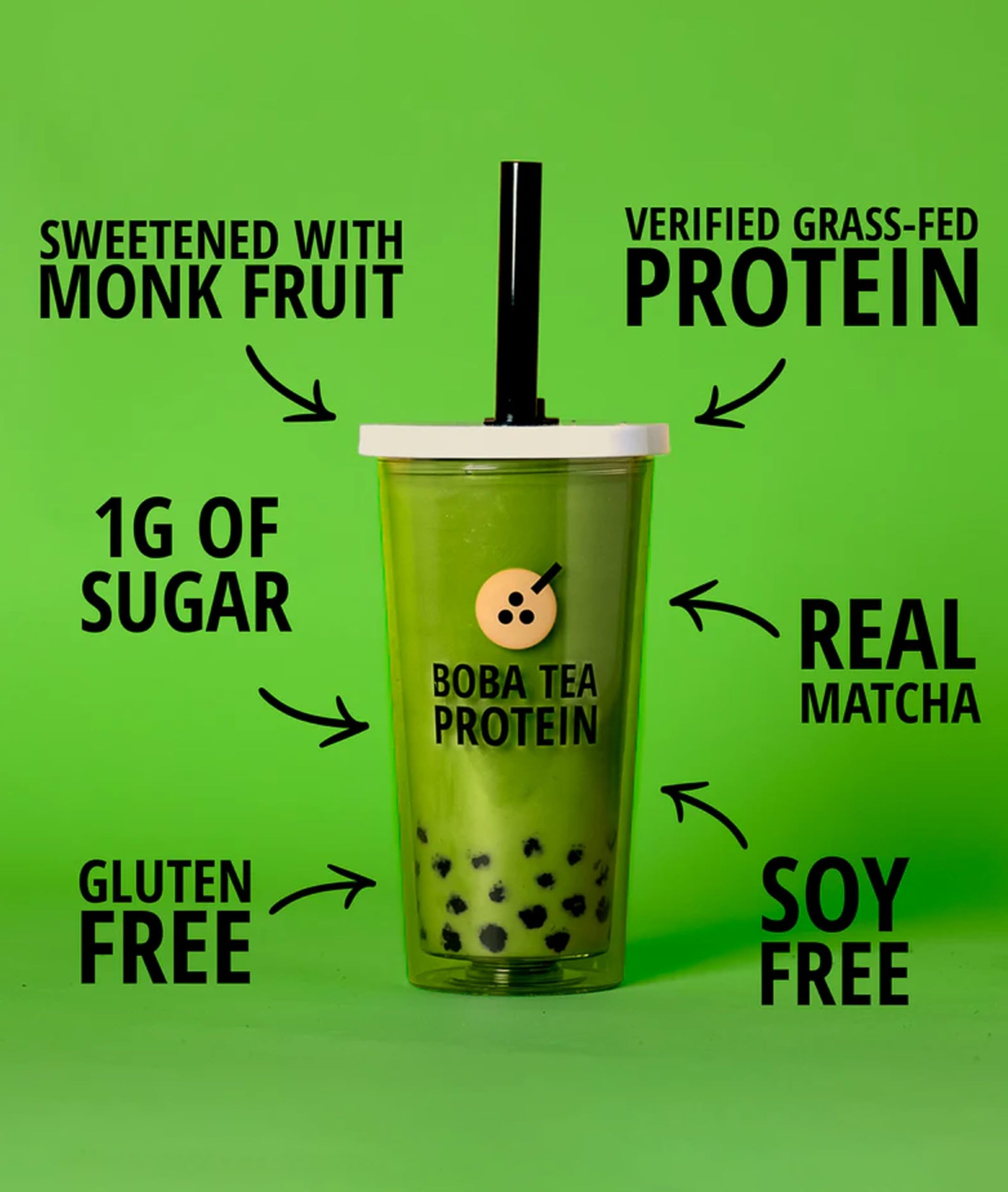 Boba Tea Protein Matcha Latte | 25g Grass-Fed Whey Protein Isolate Powder | Gluten-Free & Soy-Free Bubble Tea Protein Drink | Real Ingredients