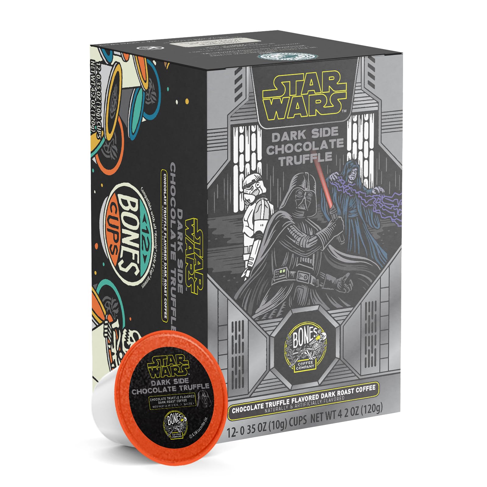 Bones Coffee Company Star Wars Dark Side, Chocolate Truffle Flavored Coffee Pods, Low Acid Medium Roast Single-Serve Bones Cups, Compatible with 1.0