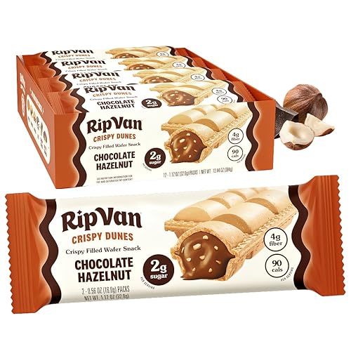Rip Van Crispy Dunes Vegan Chocolate Hazelnut Wafer Sticks - Low-Calorie Keto Snack with Hazelnut Cream Filling, 90 Calories, Non-GMO, Prebiotic Fiber