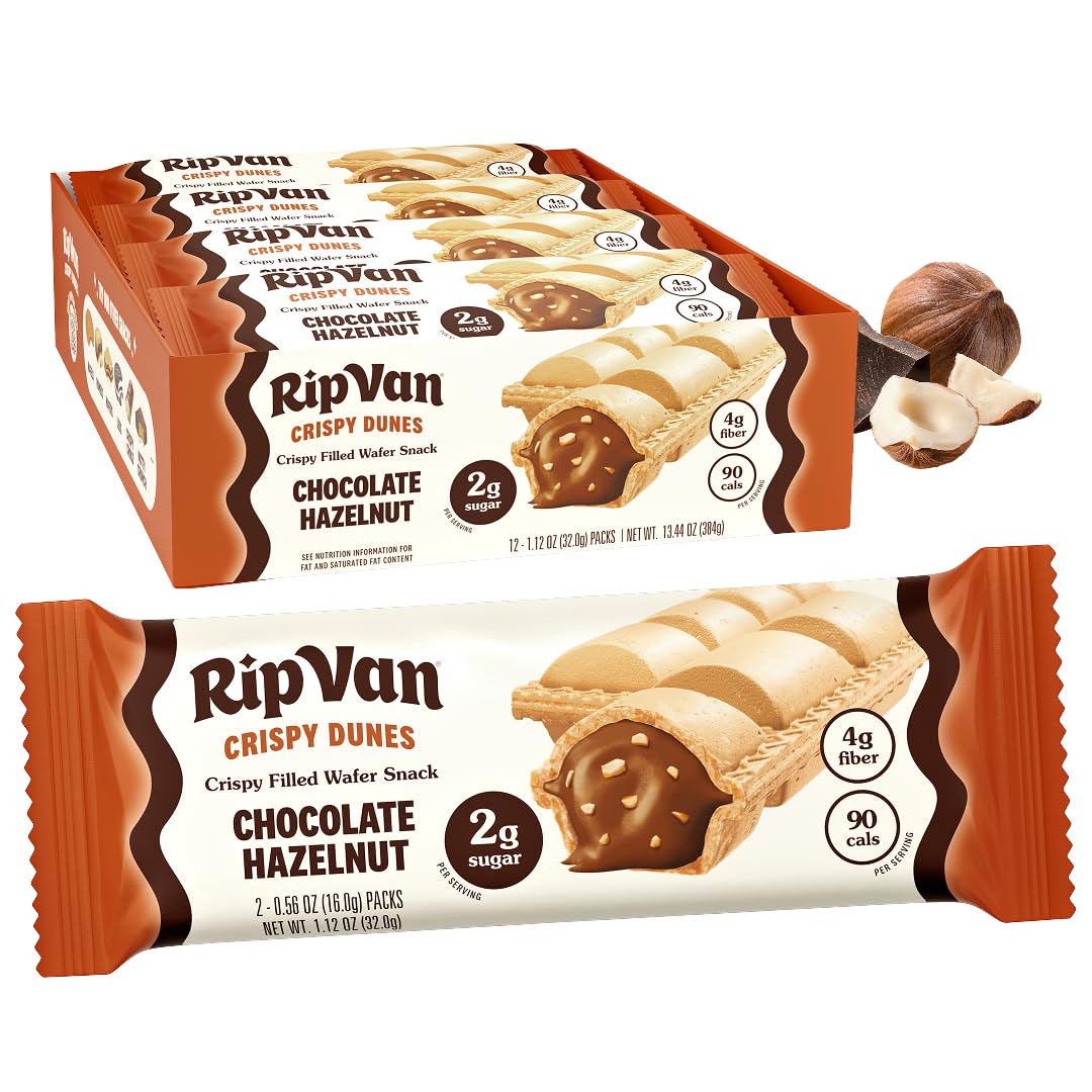 Rip Van Crispy Dunes Vegan Chocolate Hazelnut Wafer Sticks - Low-Calorie Keto Snack with Hazelnut Cream Filling, 90 Calories, Non-GMO, Prebiotic Fiber