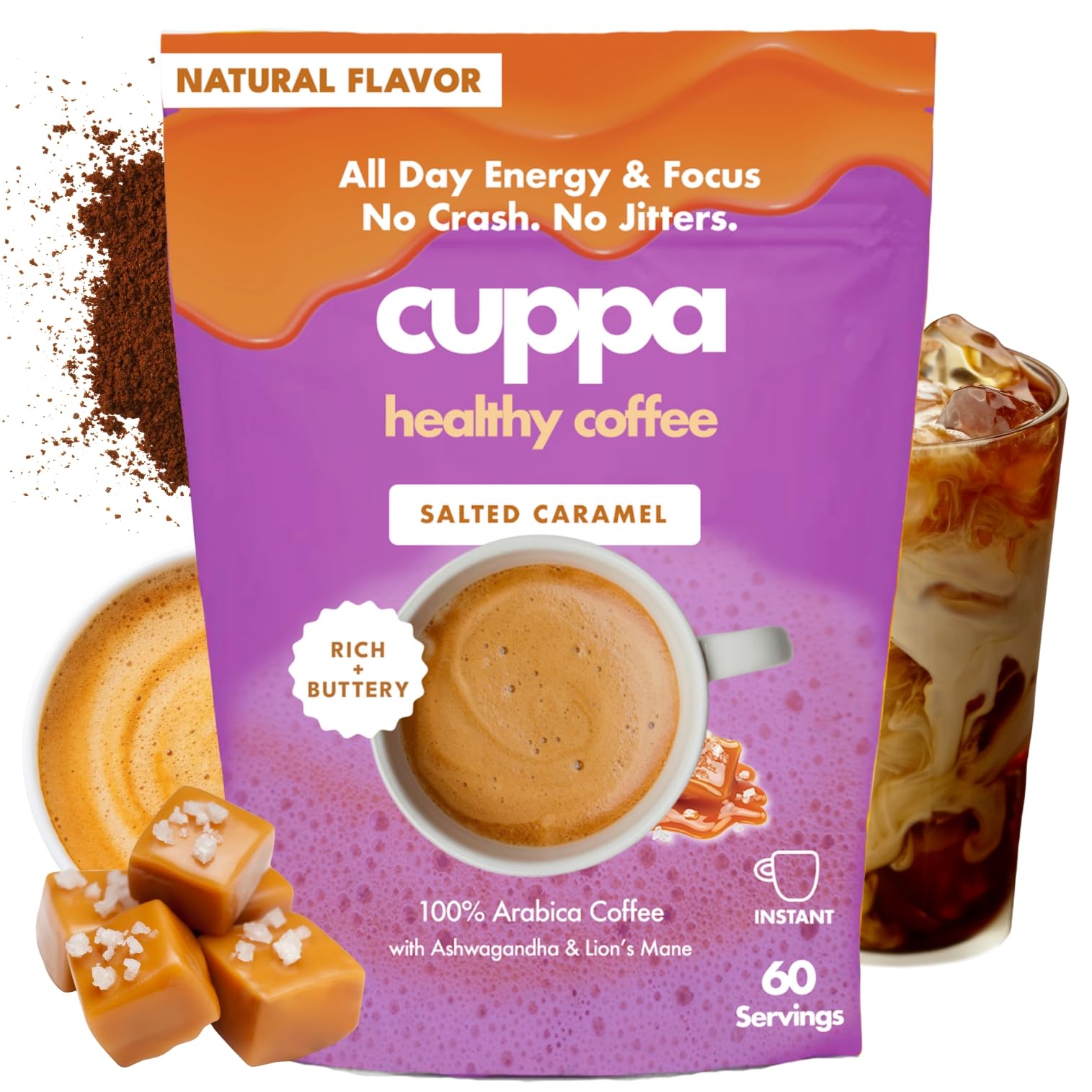 Cuppa Salted Caramel Mushroom Coffee with Adaptogens & Superfoods - Lion’s Mane, Ashwagandha & Cordyceps. Adaptogens + MCT to support natural energy