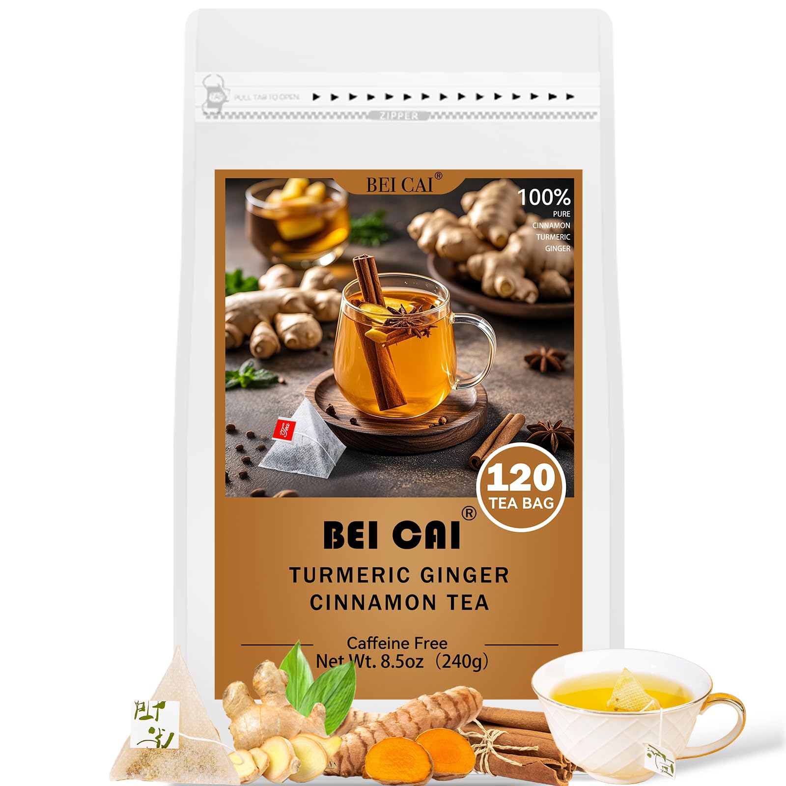 BEICAI 240g/120-Count Premium Turmeric Ginger Cinnamon Tea Bags | 100% Natural, Triangular Corn Fiber for Full-Bodied Brew | Supports Digestive