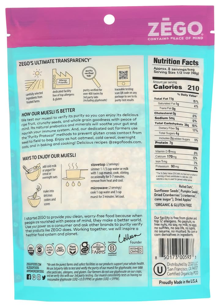 ZEGO Foods Organic Superfood Oatmeal & Muesli, Certified Gluten Free (Apple Cranberry) 13oz
