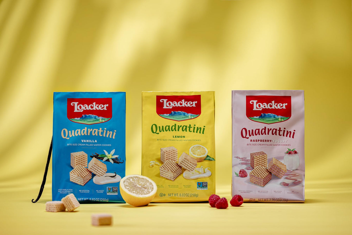 Loacker Quadratini Fruity Variety Pack Wafer Cookies LARGE - Mix of Lemon, Vanilla, and Raspberry Yogurt - Premium Crispy Bite Size Wafers - LARGE
