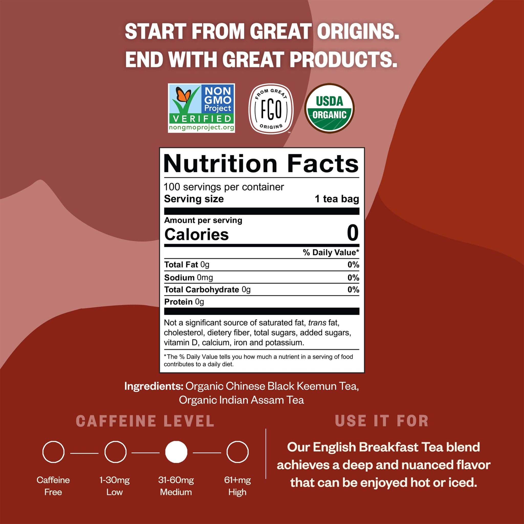 FGO Organic English Breakfast Black Tea, 100 Count, Eco-Conscious Tea Bags, Resealable Bag, Packaging May Vary (Pack of 1)