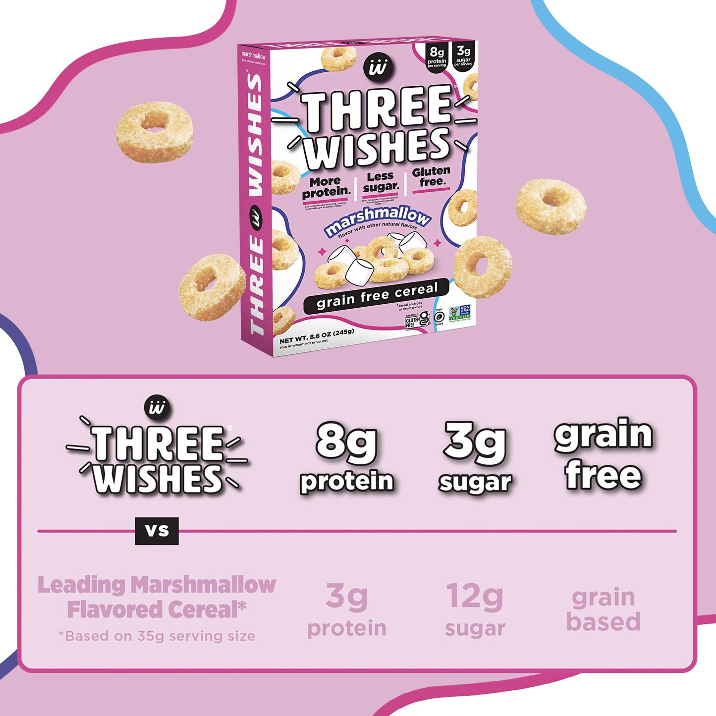 Three Wishes Grain-Free & Protein Cereal - Healthy, Low Sugar & Gluten-Free Breakfast Cereal - Low Carb, Plant-Based, Vegan & Non-GMO - Marshmallow