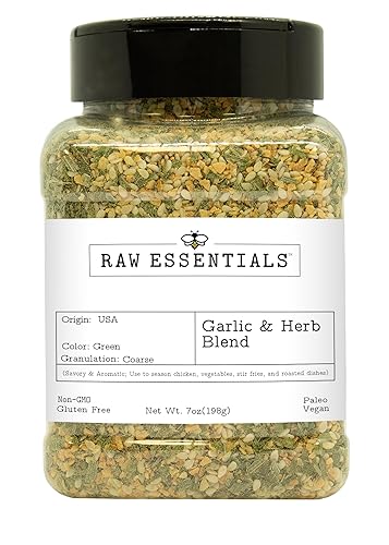 Raw Essentials Garlic & Herb Blend - Bold Garlic, Sesame & Lemon Peel Seasoning for Chicken, Vegetables & Rice Dishes - Non GMO, Gluten Free - 7 oz