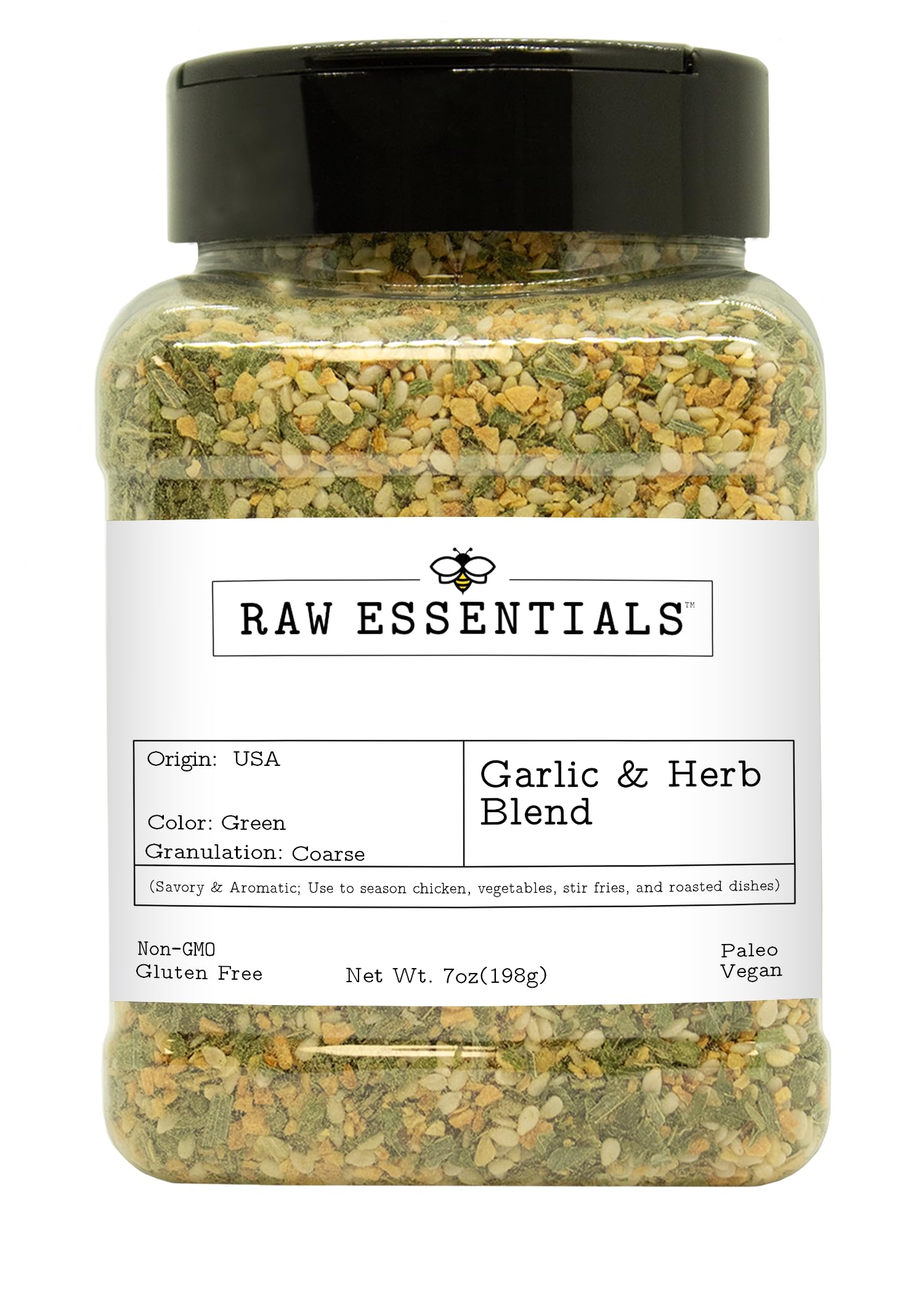 Raw Essentials Garlic & Herb Blend - Bold Garlic, Sesame & Lemon Peel Seasoning for Chicken, Vegetables & Rice Dishes - Non GMO, Gluten Free - 7 oz