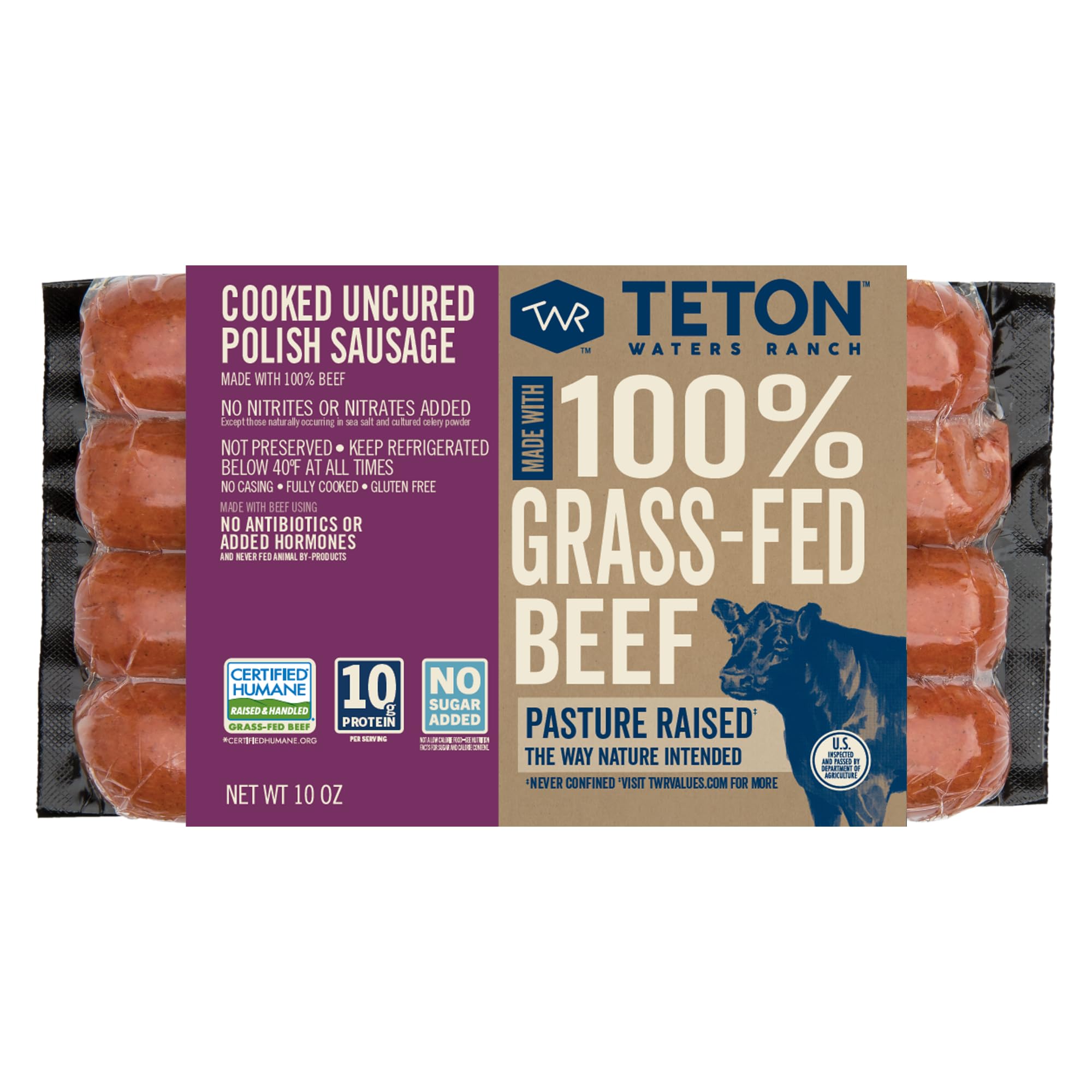 Teton Waters Ranch 100% Grass-Fed Beef Polish Sausage Links, Cooked Uncured Smoked Sausage, No Sugar Added, Certified Humane - 12oz
