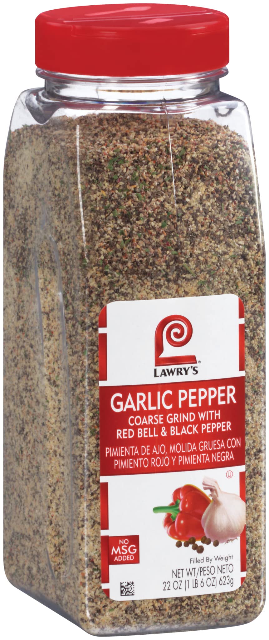 Lawry's Coarse Grind Garlic Pepper with Red Bell & Black Pepper, 22 oz - One 22 Ounce Garlic Pepper Seasoning with Parsley, Great on Beef, Seafood
