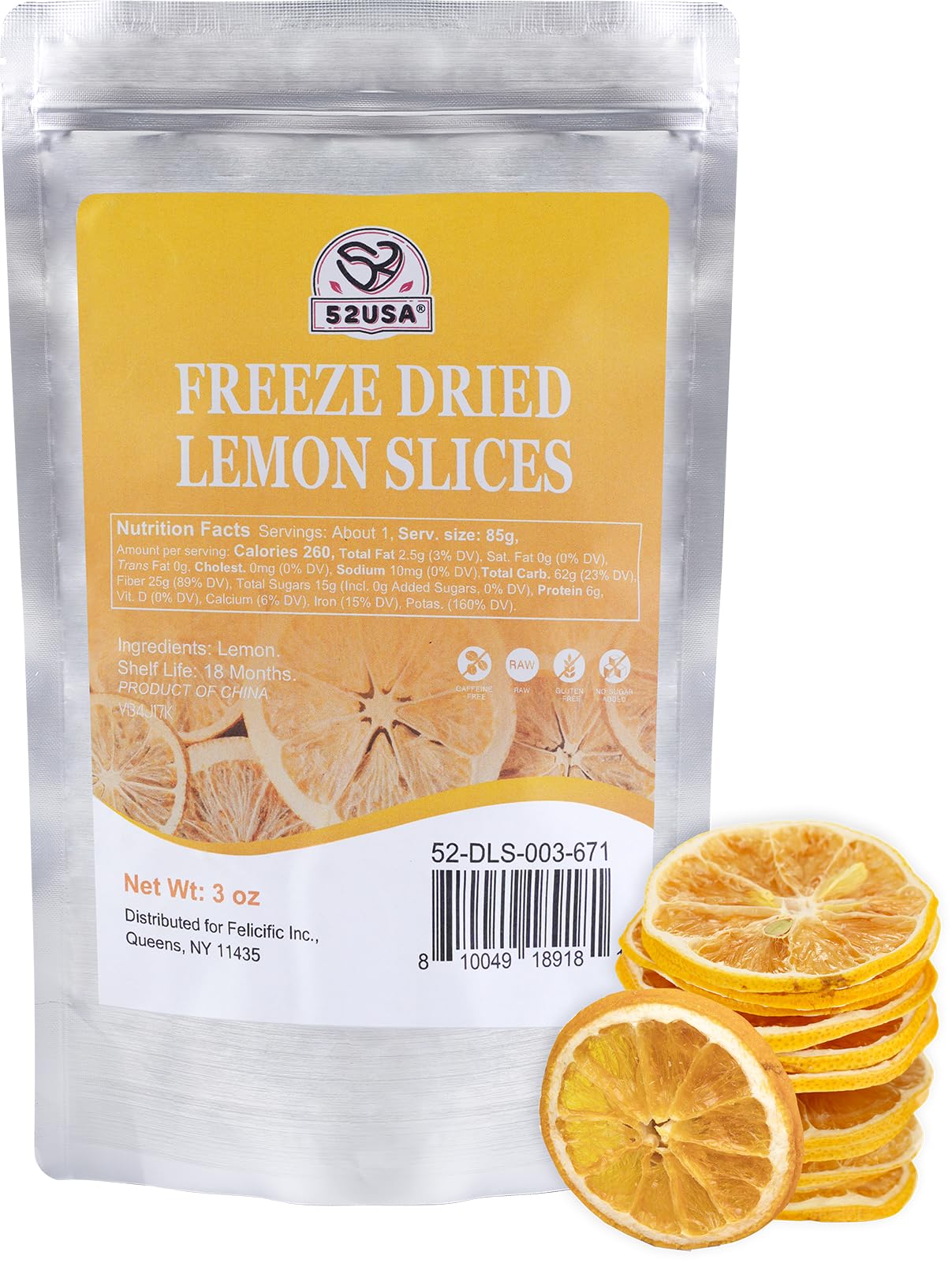 52USA Freeze Dried Lemon Slices, 3oz (85g), Dehydrated Lemon Slices for Teas, Infused Water, All Natural, No Additives, No Sugar Added, Dried Fruit