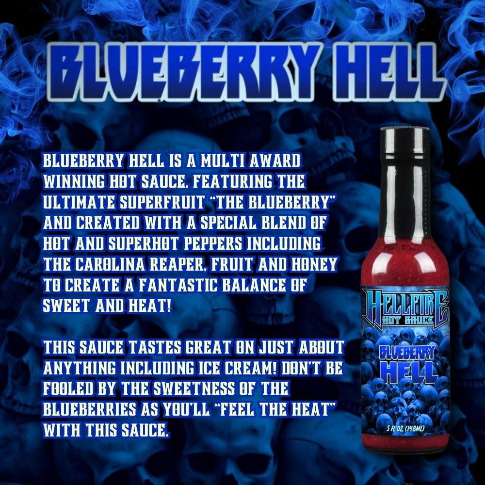 Hellfire Blueberry Hell Hot Sauce with Carolina Reaper Peppers, Gourmet, Award-Winning Fruit-Based Hot Sauce, 5 oz.