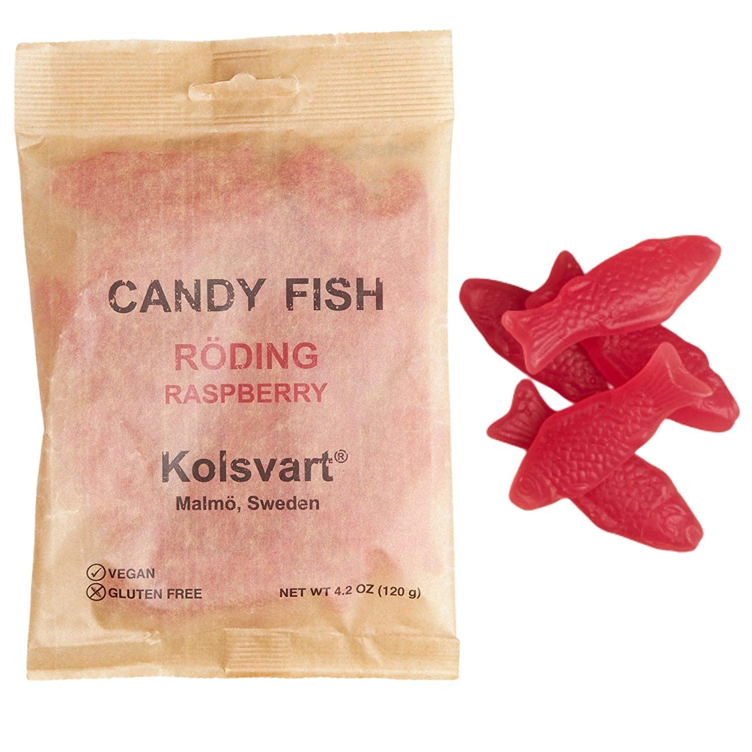 Kolsvart Swedish Gummy Fish & Licorice Candy | Vegan & Gluten Free | 4.2 OZ | Pack of 5 | Raspberry