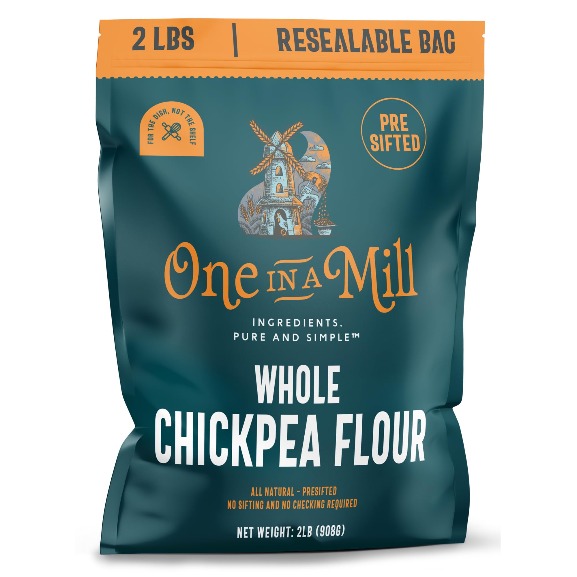 One in a Mill Whole Chickpea Flour | 2 LB Resealable Bag | Premium Pre-Sifted Garbanzo Bean Flour for Pancakes, Waffles | Use as a Thickener for Soup