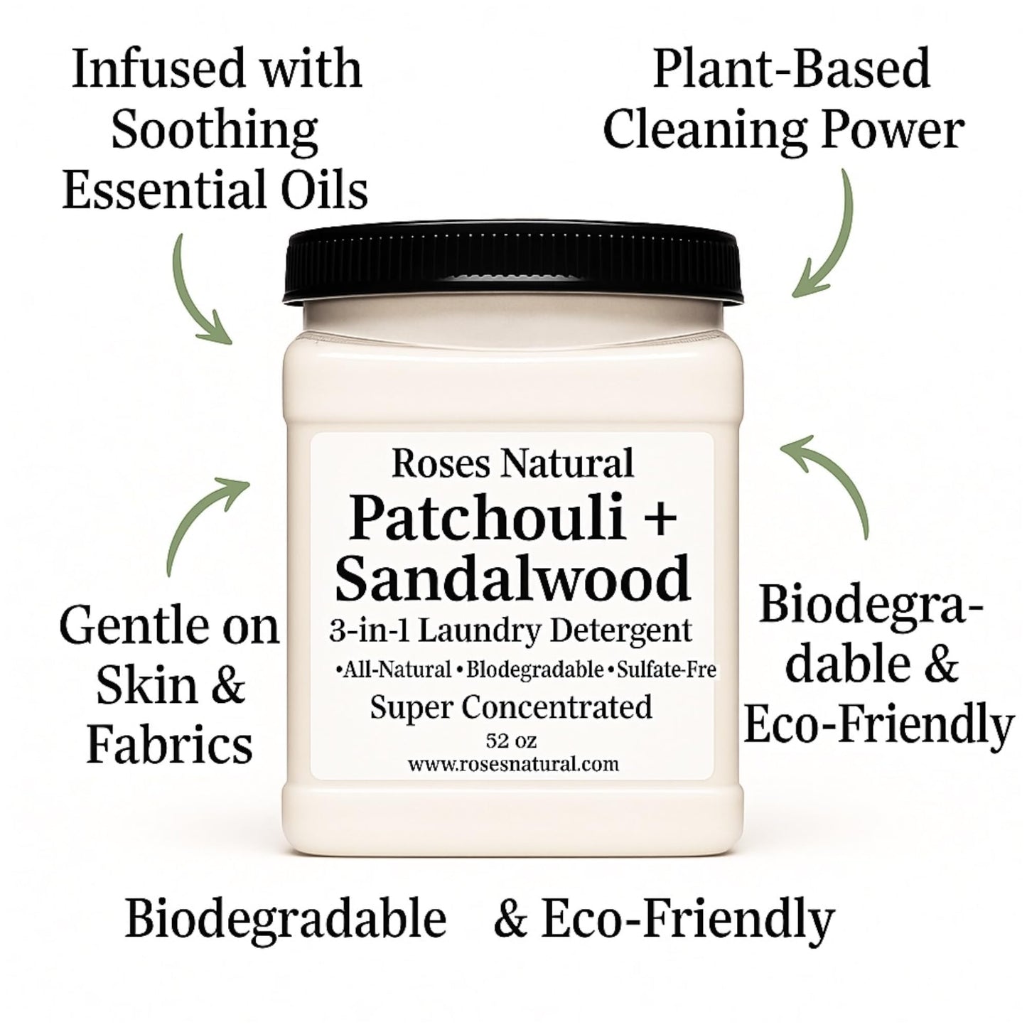Roses Natural Patchouli + Sandalwood 3-in-1 Laundry Detergent Powder, 32 oz - Cleans, Softens & Removes Stains - Super Concentrated, All-Natural