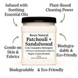 Roses Natural Patchouli + Sandalwood 3-in-1 Laundry Detergent Powder, 32 oz - Cleans, Softens & Removes Stains - Super Concentrated, All-Natural