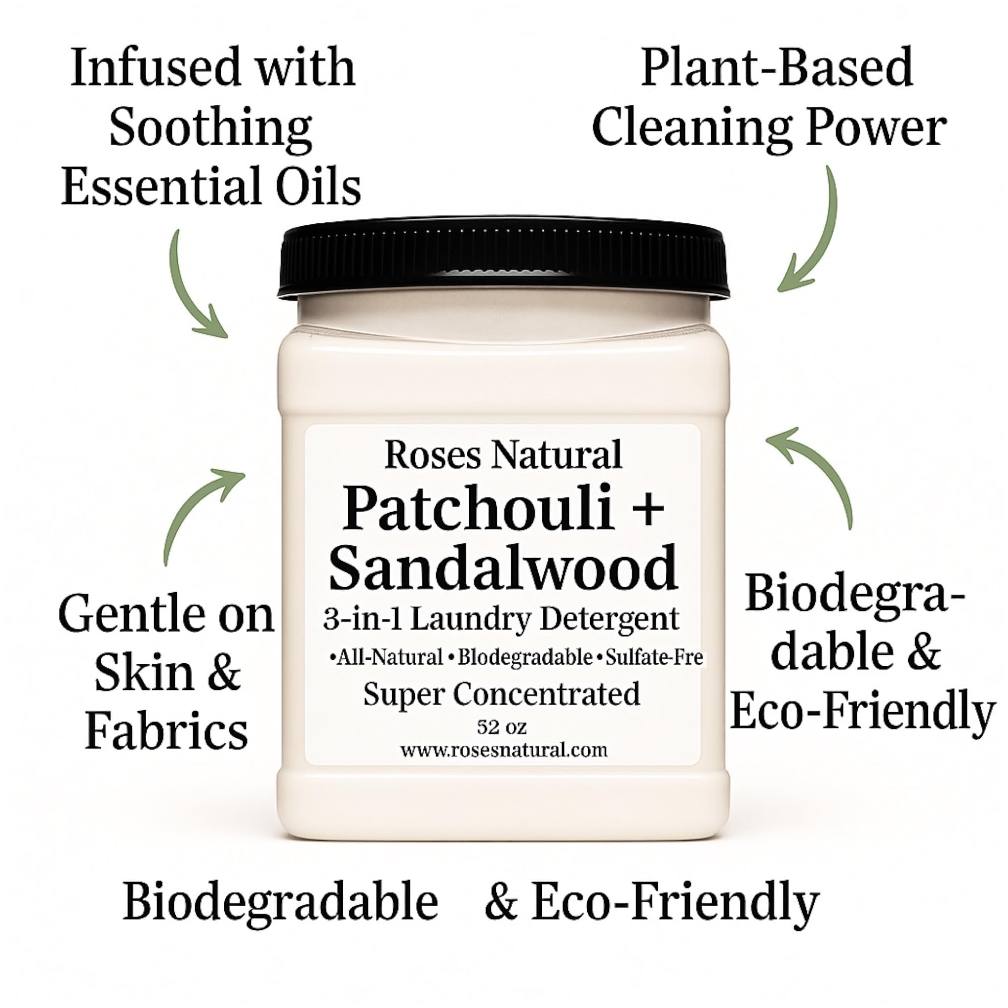 Roses Natural Patchouli + Sandalwood 3-in-1 Laundry Detergent Powder, 32 oz - Cleans, Softens & Removes Stains - Super Concentrated, All-Natural