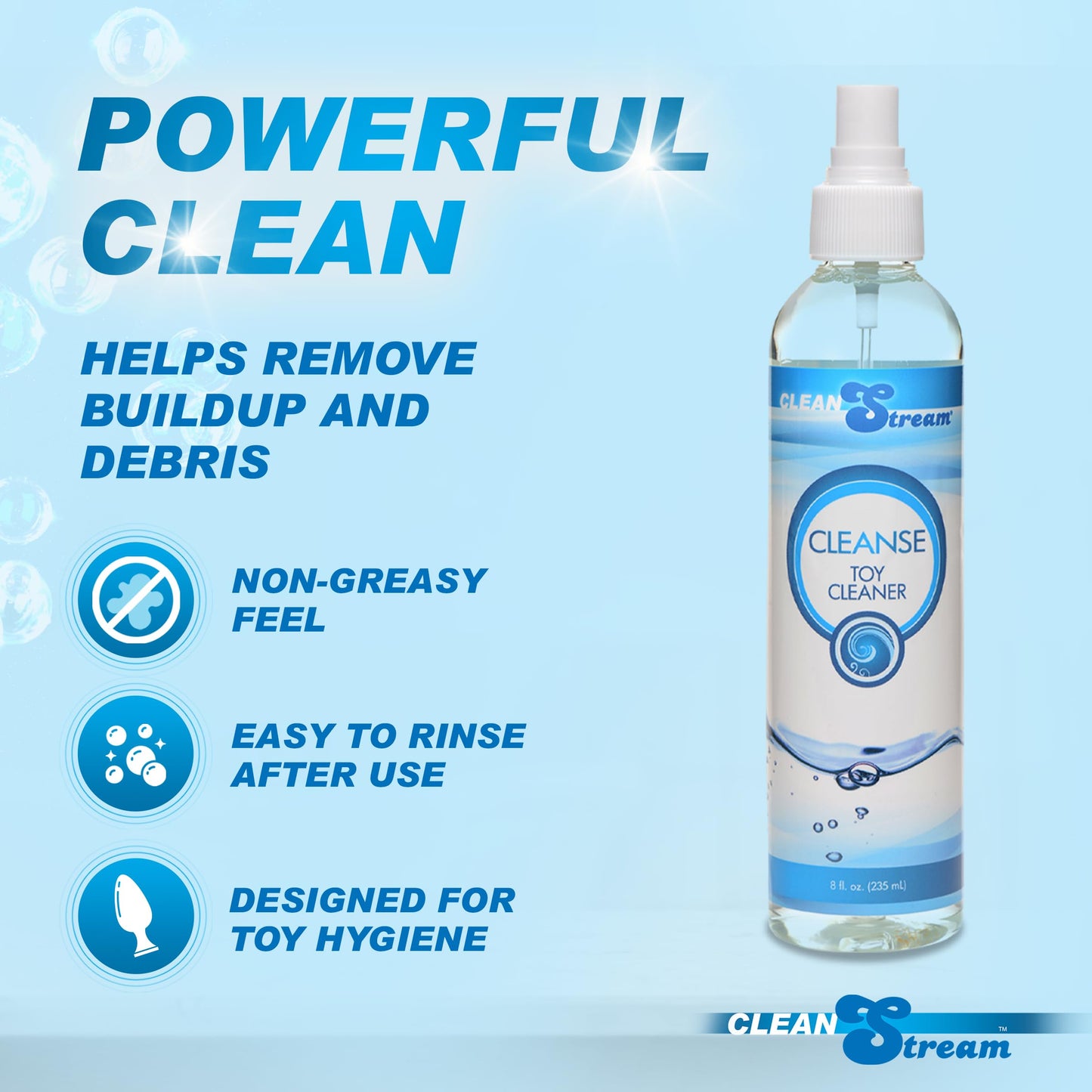 Cleanstream Cleanse Toy Spray, Multi-Purpose Cleaner, Non-Irritating, Fragrance-Free, Non-Harsh Chemicals, 8 Oz, Clear