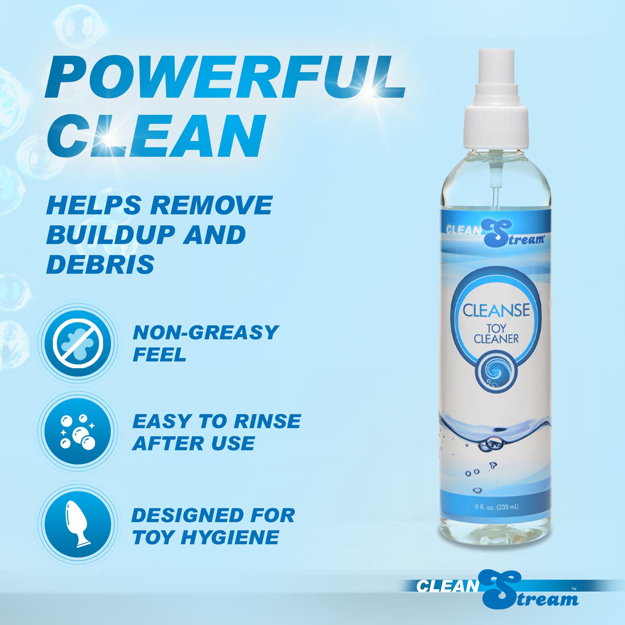 Cleanstream Cleanse Toy Spray, Multi-Purpose Cleaner, Non-Irritating, Fragrance-Free, Non-Harsh Chemicals, 8 Oz, Clear