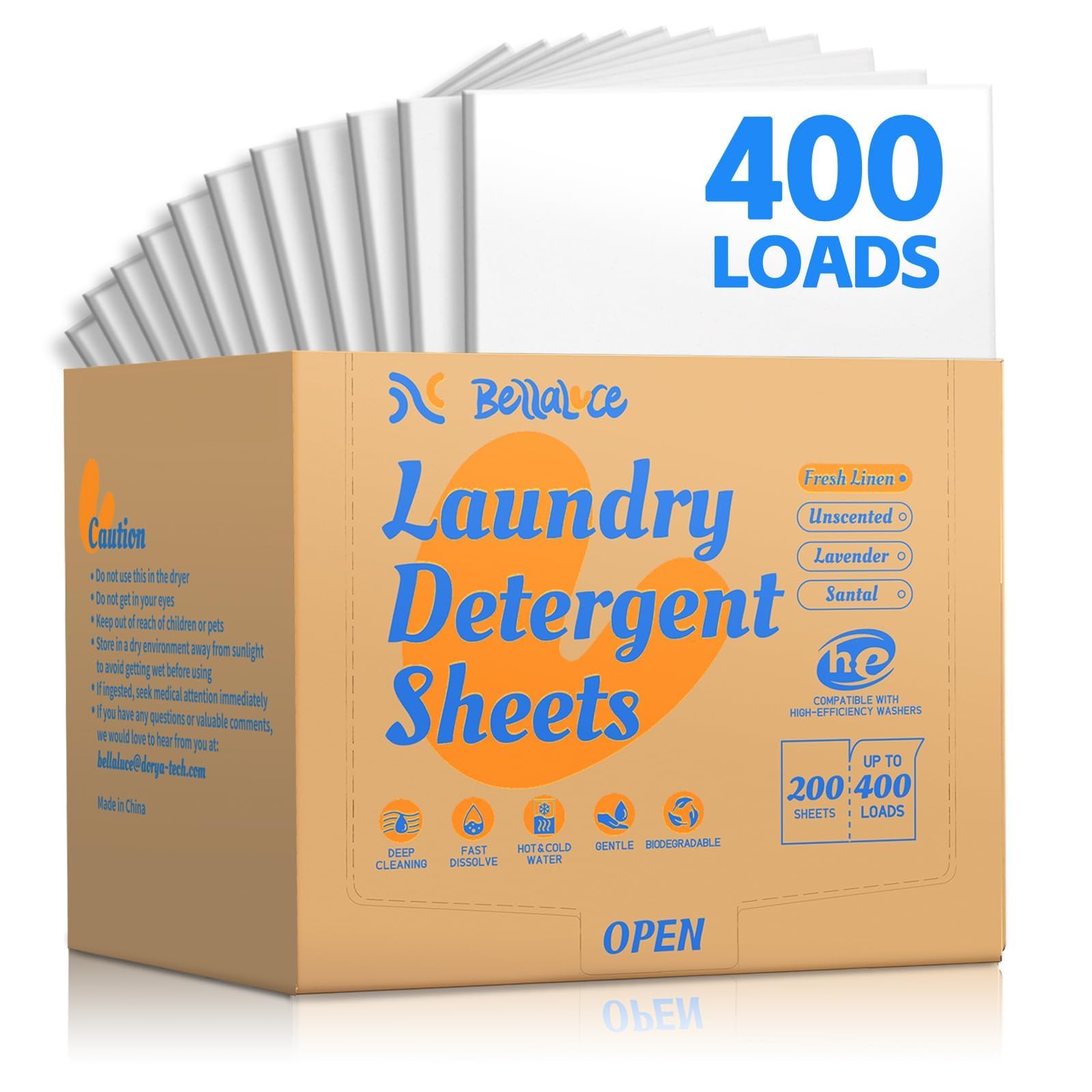 BellaLuce Laundry Detergent Sheets - Laundry Sheets, 400 Loads, Eco-Friendly, Plastic-Free, Fresh Linen Scent, Space Saving, Fast Dissolve