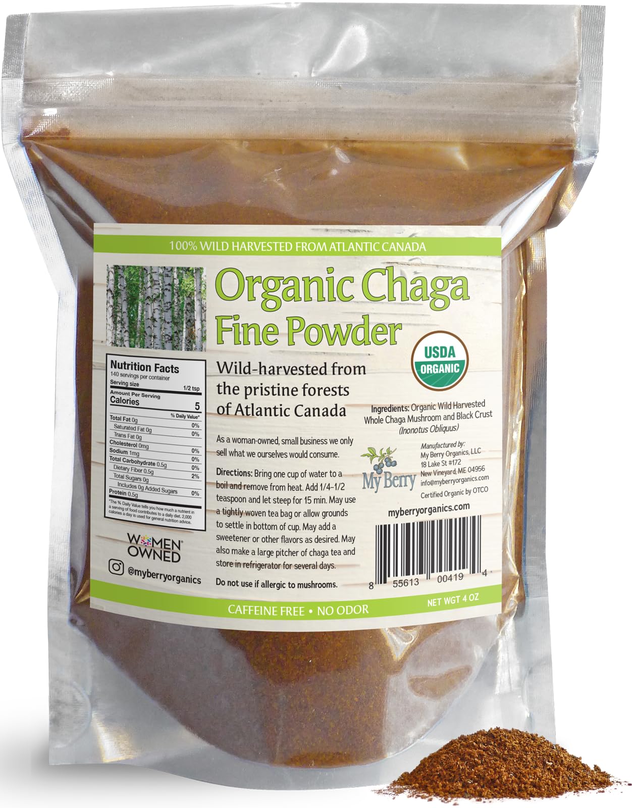 Organic Chaga Tea Fine Mushroom Powder by My Berry |100% Wild-Harvested from Atlantic Canada | 4oz | Herbal Tea | Raw Loose Powder | Additive-Free