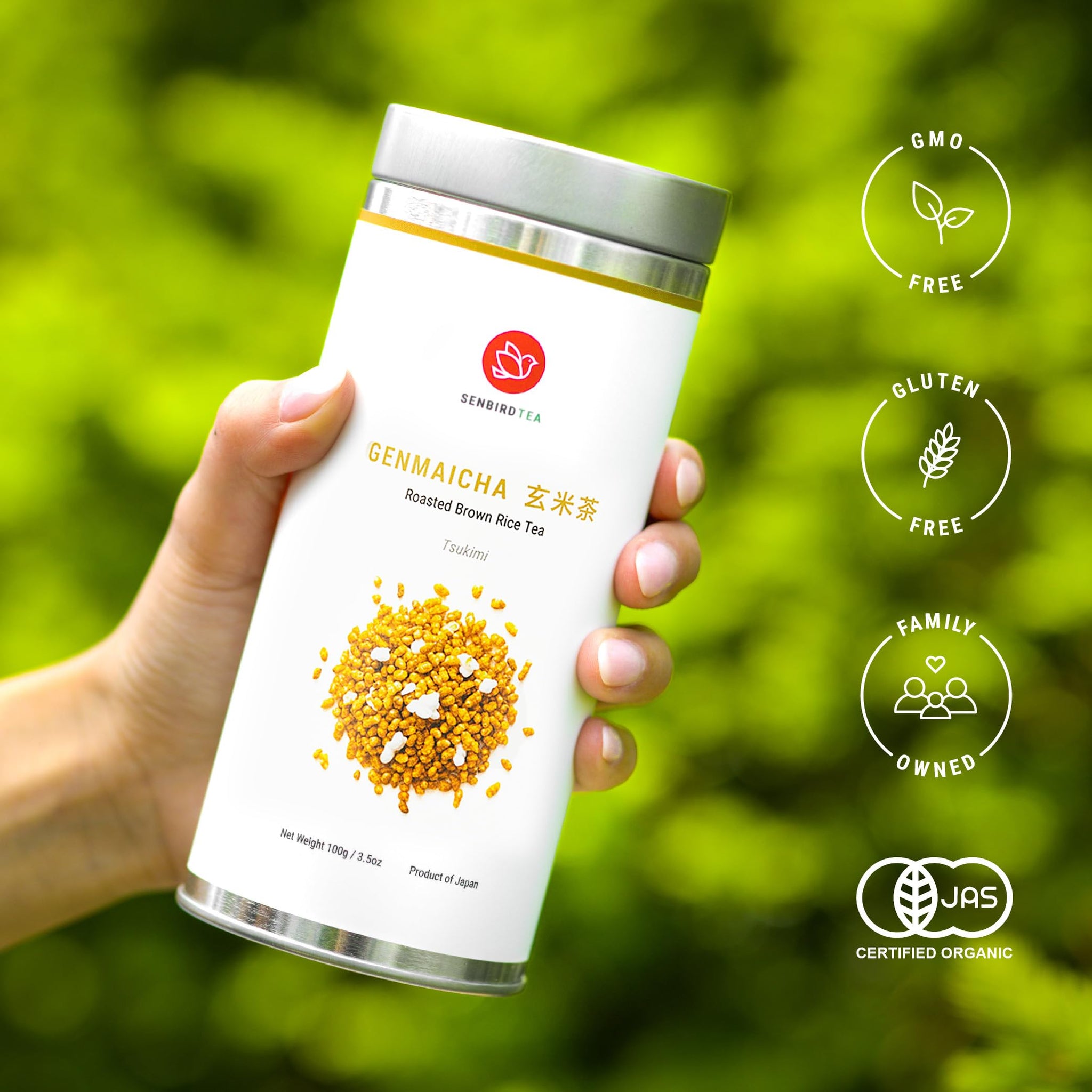 Senbird Premium Genmaicha - Caffeine-Free Japanese Mochi Rice Tea - From Hokkaido, Japan - Herbal Tea in Airtight Tin (3.5oz/100g)