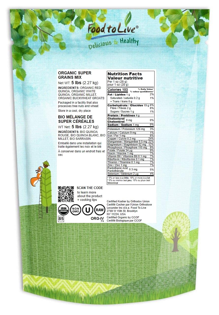 Food to Live Organic Super Grains Blend, 5 Pounds - A Mix of Millet, Buckwheat, Red and White Quinoa. Non-GMO, Non-Irradiated, Vegan Superfood, Bulk
