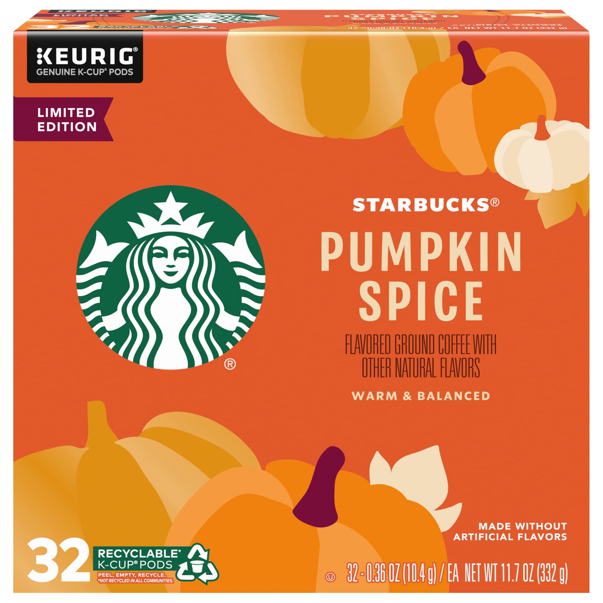 Starbucks Limited Edition Flavored Coffee K-Cups, Pumpkin Spice, Keurig Genuine K-Cup Pods, Made without Artificial Flavors, 32 CT K-Cup Pods/Pack