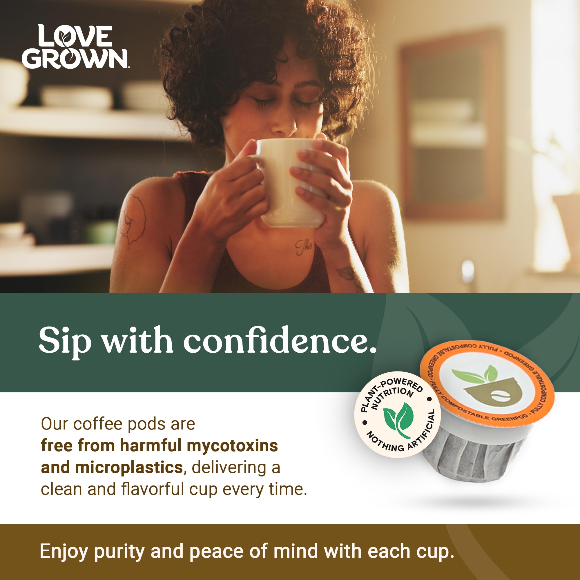 Love Grown Plastic-Free Coffee Pods, 100% Arabica Single-Serve Cups, Compostable, Non-GMO - Compatible with Keurig Coffee Pods Machines and K-Cup
