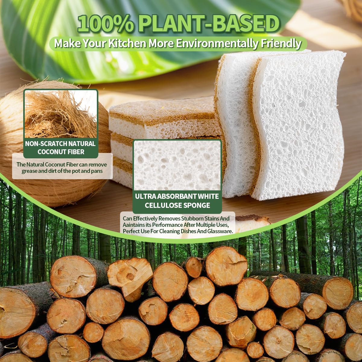 Sponges Kitchen Natural Dish Sponge Plant-Based Biodegradable Compostable Cellulose with Coconut Scrubber Sponge Non Scratch Eco Friendly Kitchen