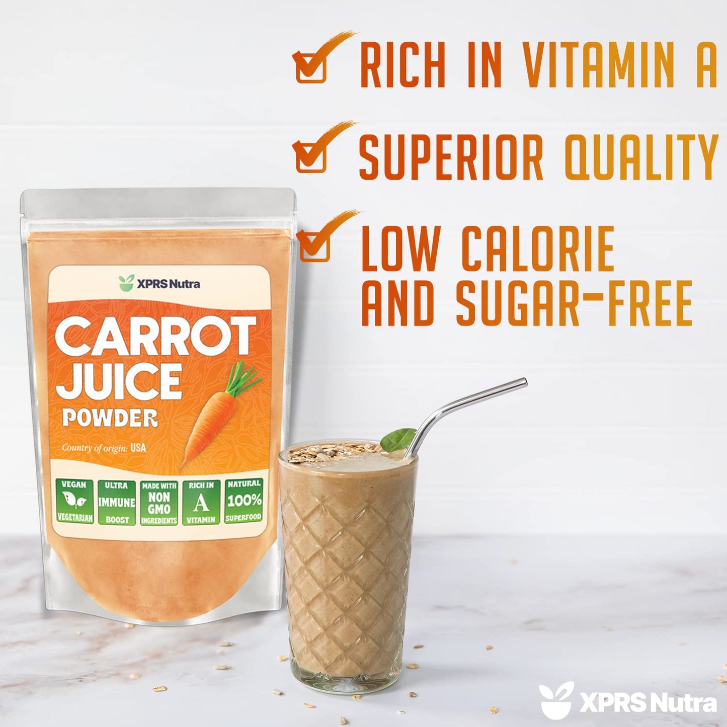 XPRS Nutra 100% Natural Carrot Juice Powder - Pure Carrot Powder from The USA - Ideal for Juice and Smoothie - High in Vitamin A, Phytonutrients