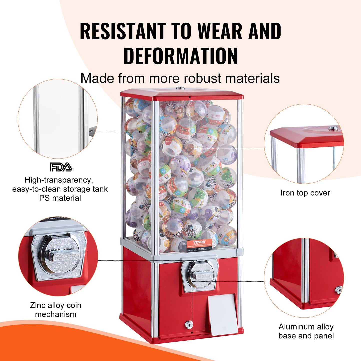 VEVOR Gumball Machine for Kids, 25" Height Home Vending Machine, PS Bouncy Balls Dispenser, Hold 230 Capsule Toys, Rectangle Bubble Gum Machine